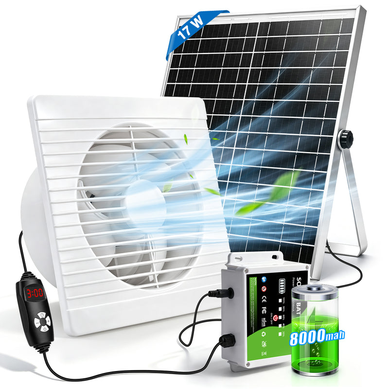 XIIW Solar Abluftventilator 150 mm mit 8000mAh Akku, 17W Solarpanel, 200 m³/h Solar Lüfter für Hühnerstall & Gewächshaus