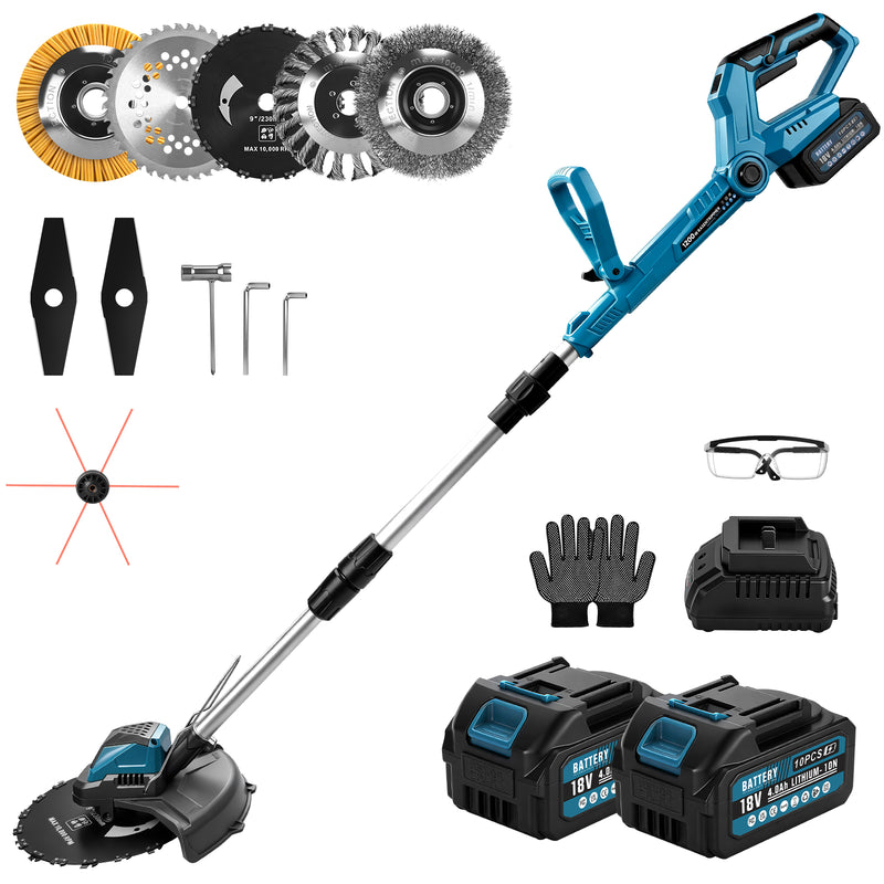 XIIW Akku Freischneider 1200 W, 16800 U/min, 2 x 4,0 Ah Akkus, 3 Unkrautbürsten, Metallmesser und Kreissägeblatt