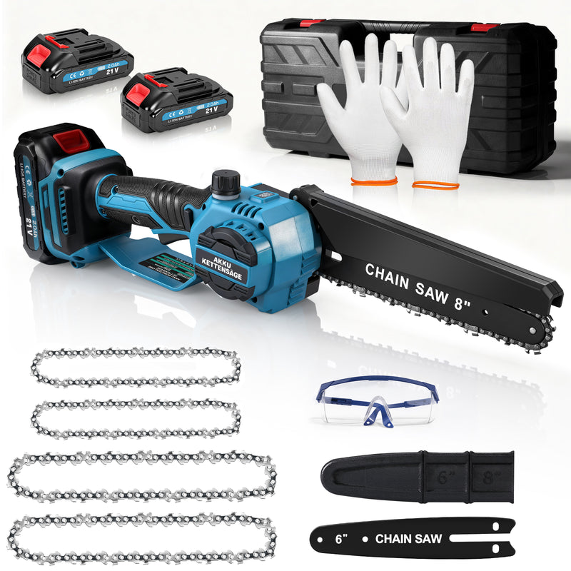 XIIW Akku Mini-Kettensäge 900 W, 6/8 Zoll, bürstenlos, 28000 U/min, 2 x 2,0 Ah Akkus, Kettenschmierung & werkzeuglose Spannung