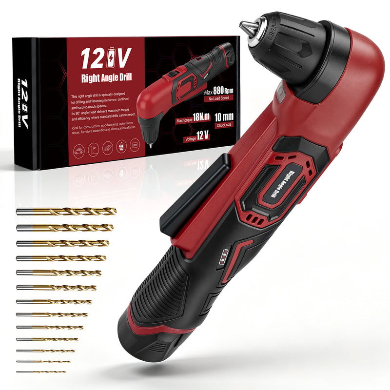 XIIW 12V Akku-Winkelbohrmaschine 90°, 18 Nm, 10 mm Schnellspannfutter, 2-Gang Winkelbohrer mit 2,0Ah Akku & LED