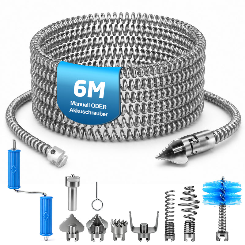 XIIW Rohrreinigungsspirale Ø12 mm 2x3 m, Abflussspirale mit 7 Köpfen, Handkurbel & Bohrmaschinenadapter, Rohre bis Ø80 mm