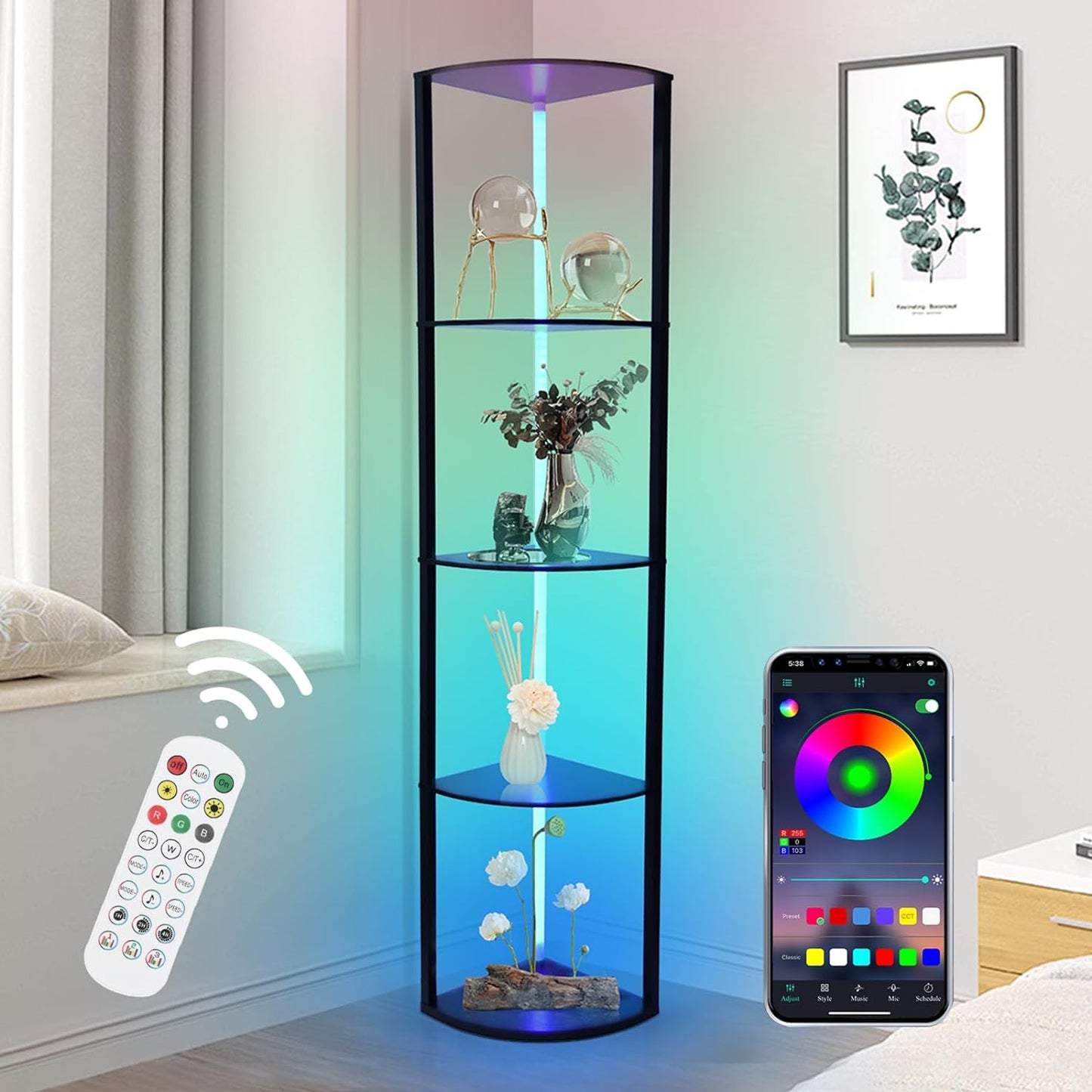 5 Stufige RGB Eckregal Stehend,LED Stehlampe Wohnzimmer 160cm App & Fernbedienung 2700-6500K