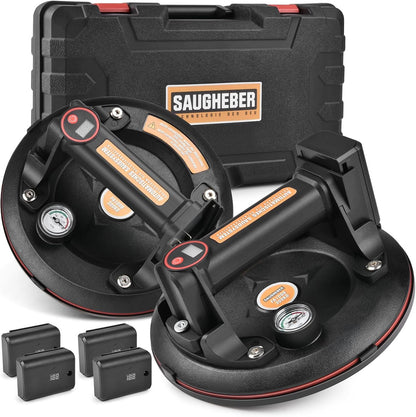 XIIW 300KG Supersaugkraft Saugheber | 2stk 200mm Elektrischer Vakuum-Saugnäpfe | mit Manometer & 4X Akku - XIIW