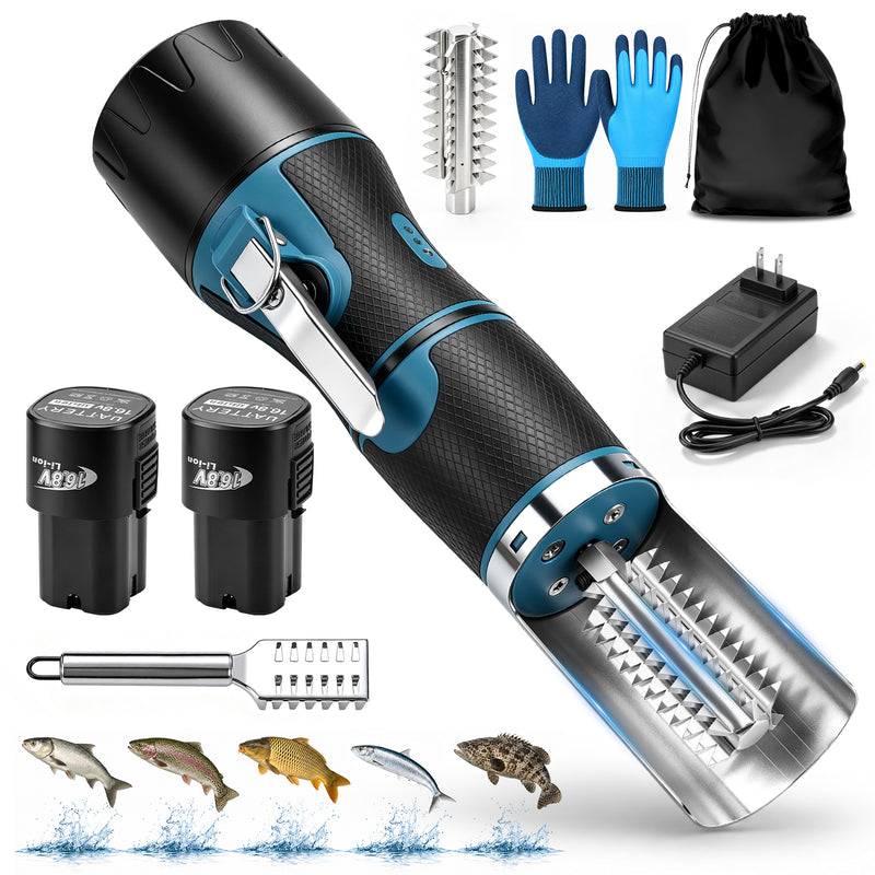 XIIW Elektrischer Fischentschupper 650W 7500 U/min, Fischschupper mit 2×2200mAh Akkus, 304 Edelstahl, abwaschbar, 180° Schutzhaube