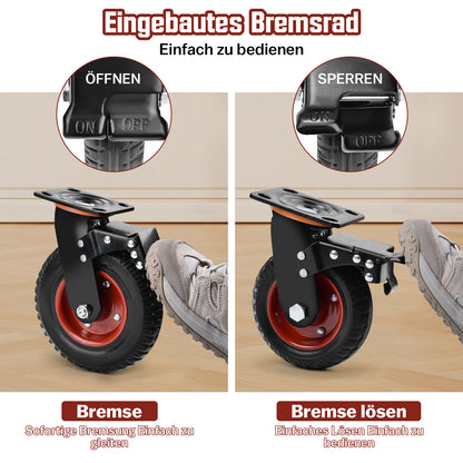 4er-Set 200mm Geländegängige Schwerlastrollen – 2× mit Bremse, 2× drehbar, für Werkstatt, Garten & Transportgeräte