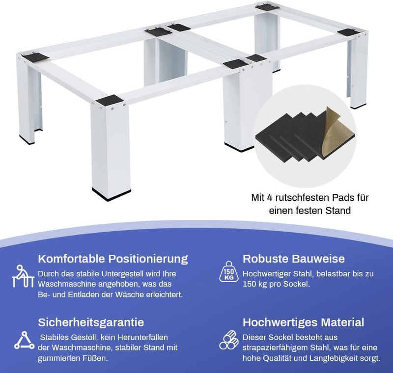 2 Fach Untergestell für Waschmaschinen Trockner Doppel Waschmaschinensockel | 126x54.5cm | max. 2x150kg