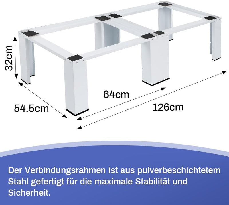 2 Fach Untergestell für Waschmaschinen Trockner Doppel Waschmaschinensockel | 126x54.5cm | max. 2x150kg