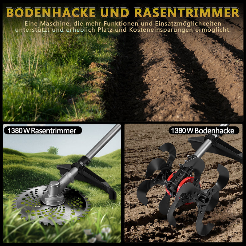 2 - in - 1 Akku Freischneider mit Bodenhacke 18 - 21V, 1380W, 23cm Arbeitsbreite, 2x 4.0Ah Akku, 7 Schneidwerkzeuge