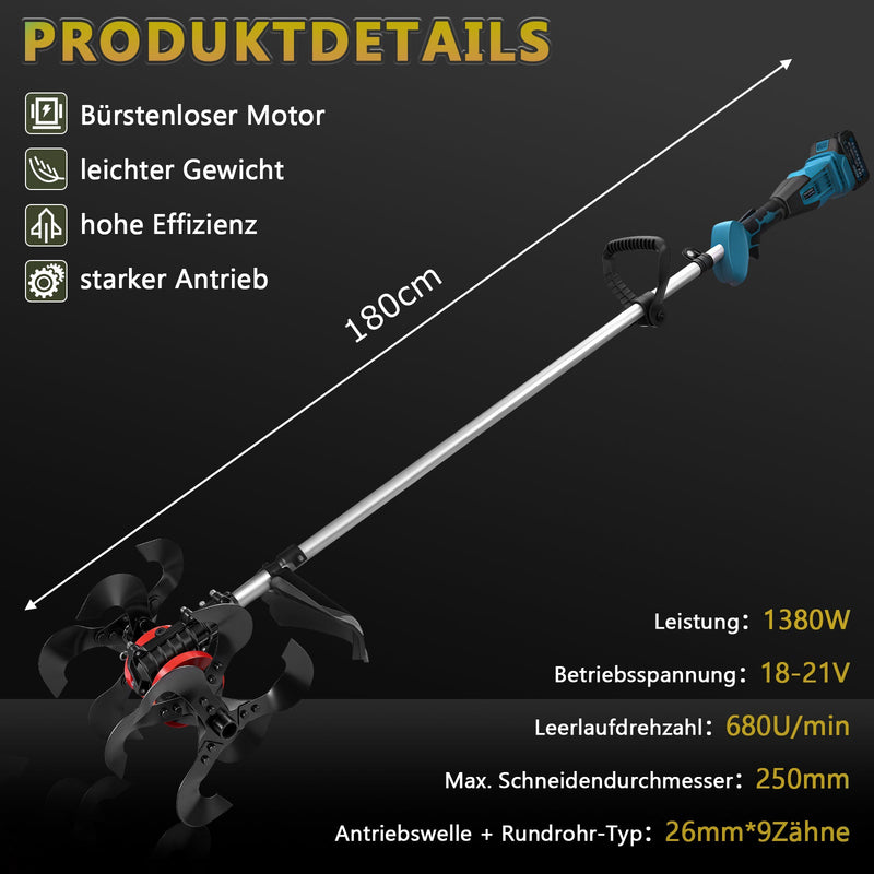 2 - in - 1 Akku Freischneider mit Bodenhacke 18 - 21V, 1380W, 23cm Arbeitsbreite, 2x 4.0Ah Akku, 7 Schneidwerkzeuge