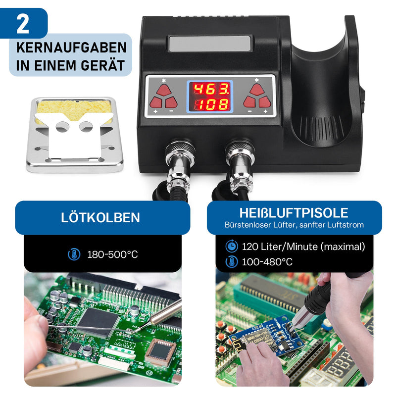 2 - in - 1 Lötstation mit Heißluft & 80W Lötkolben | 780W | PID - Temperaturregelung | Komplett - Set für SMD/BGA