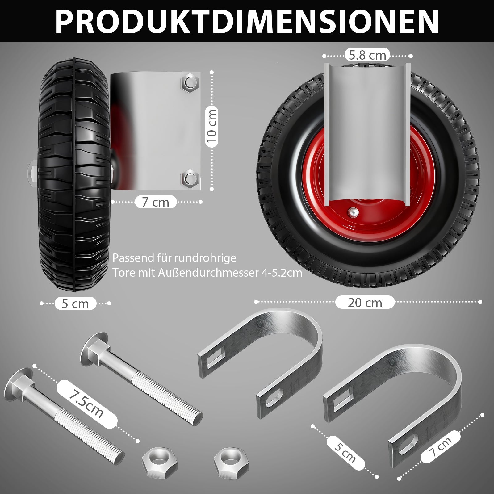 200mm Schwerlast Torrolle, 150kg Torstützrolle für Rundrohr 4–5,2 cm – Gartentor & Einfahrtstor Zubehör