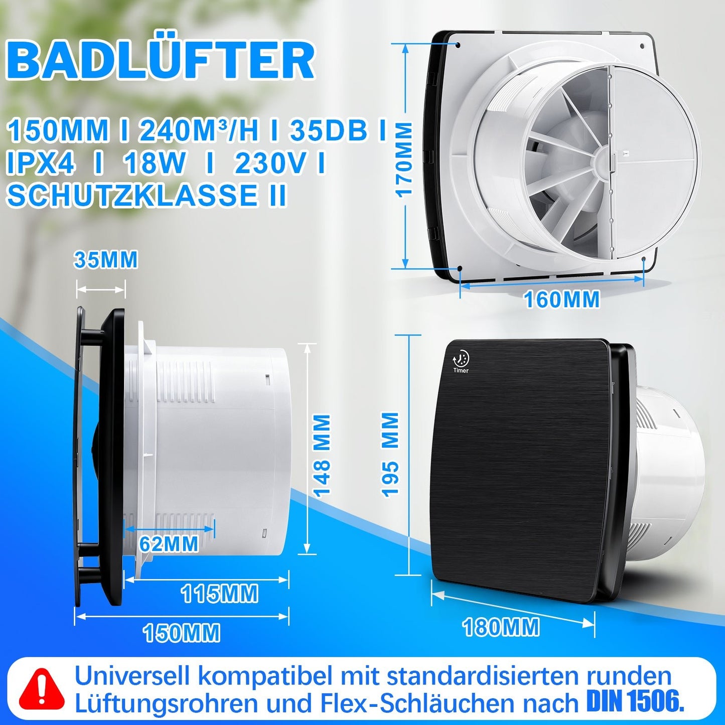 240 m³/h Abluftventilator 150mm mit Hygrostat, IPX4, Nachlauf - Timer & Rückstauklappe – Leiser Bad - und Küchenlüfter