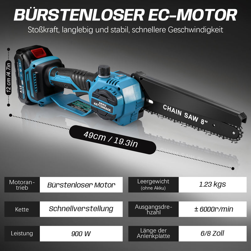 XIIW Akku Mini-Kettensäge 900 W, 6/8 Zoll, bürstenlos, 28000 U/min, 2 x 2,0 Ah Akkus, Kettenschmierung & werkzeuglose Spannung