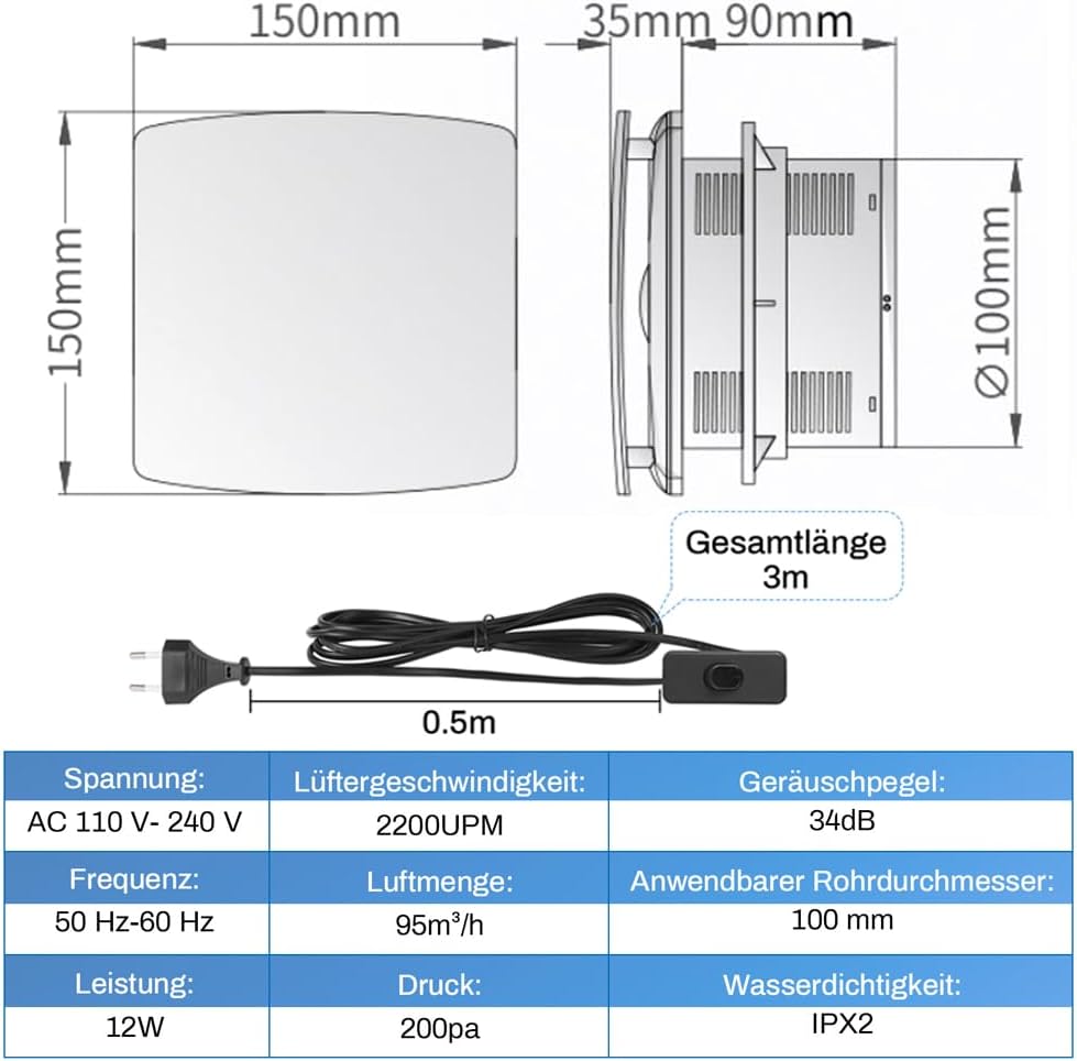 Badlüfter Ø100mm Abluftventilator mit Rückstauklappe, Badezimmerlüfter 95 m³/h, 12 Watt / 34dB