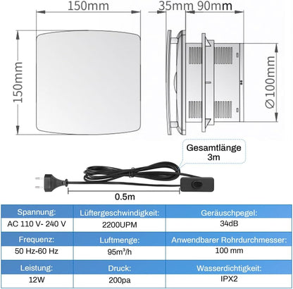 Badlüfter Ø100mm Abluftventilator mit Rückstauklappe, Badezimmerlüfter 95 m³/h, 12 Watt / 34dB - XIIW