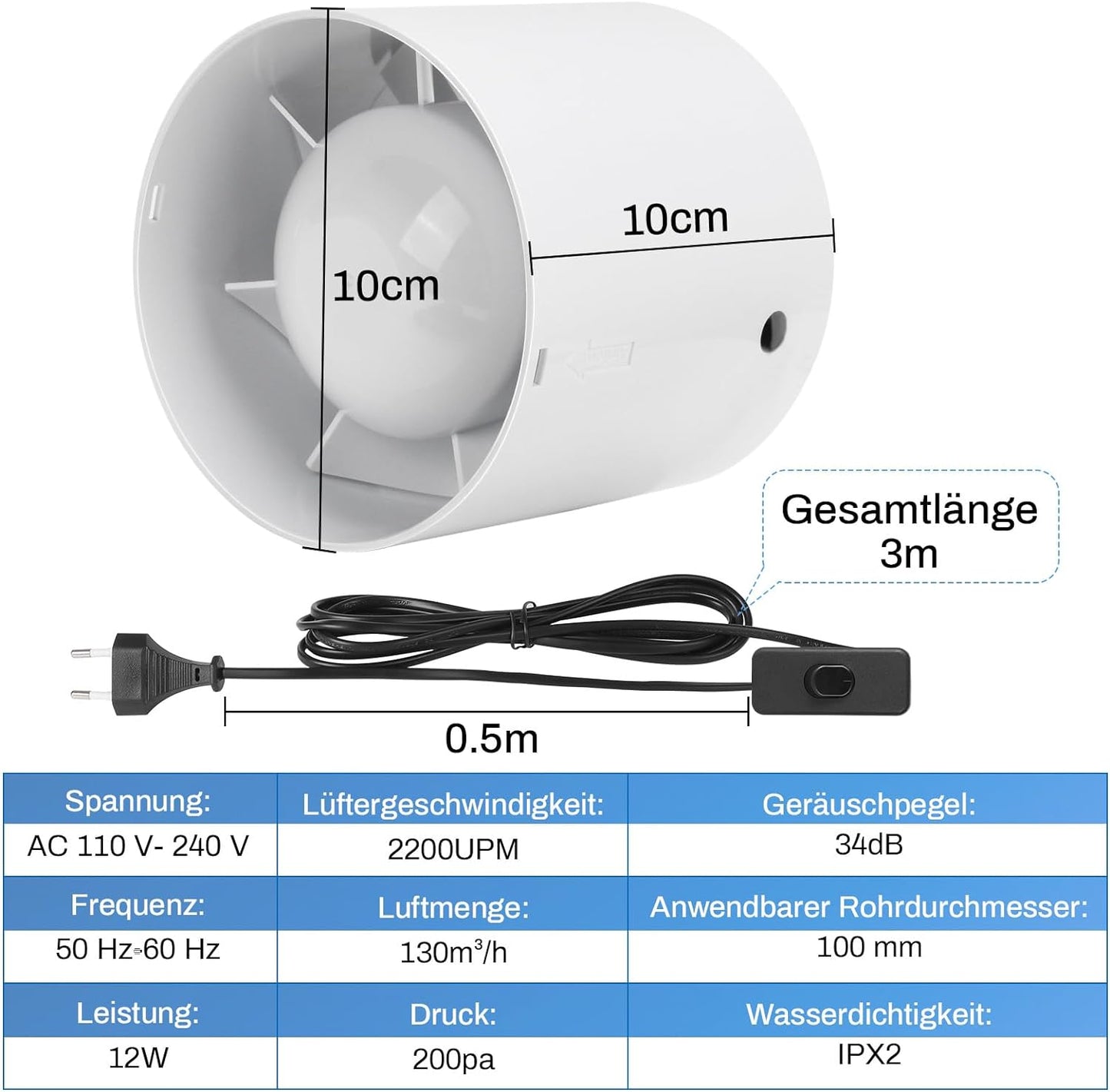 Kanal Rohrventilator, Inline-Abluftventilator 100 mm,130 m³/h,3M Kabel mit Schalterknopf