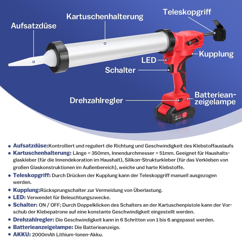 Elektrische Kartuschenpresse Silikonspritze mit 2 Akku 7840N Kartuschenpistole mit LED