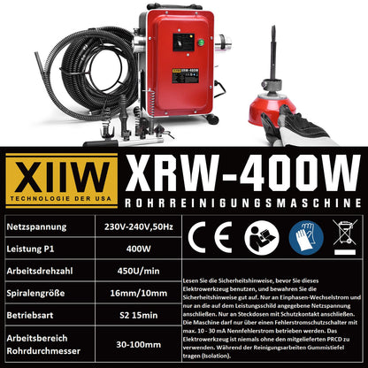 400W 450U/min Elektrische Rohrreinigungsmaschine mit FI-Schalter für Ø30-100mm - XIIW