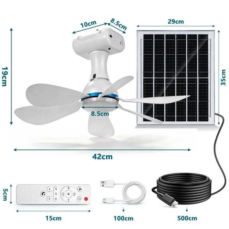 XIIW Solar Camping Ventilator mit LED Licht, 6000mAh Akku, Solarpanel, Fernbedienung & Timer, 3 Lichtfarben, für Zelt & Wohnmobil