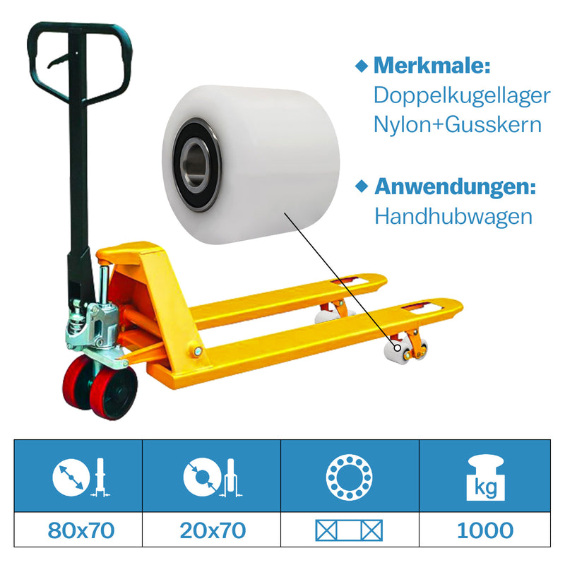 XIIW 2x Nylon Hubwagenrollen 80x70 mm Weiß, Achse 20 mm, Lastrollen für Handhubwagen, bis 1000 kg pro Rolle