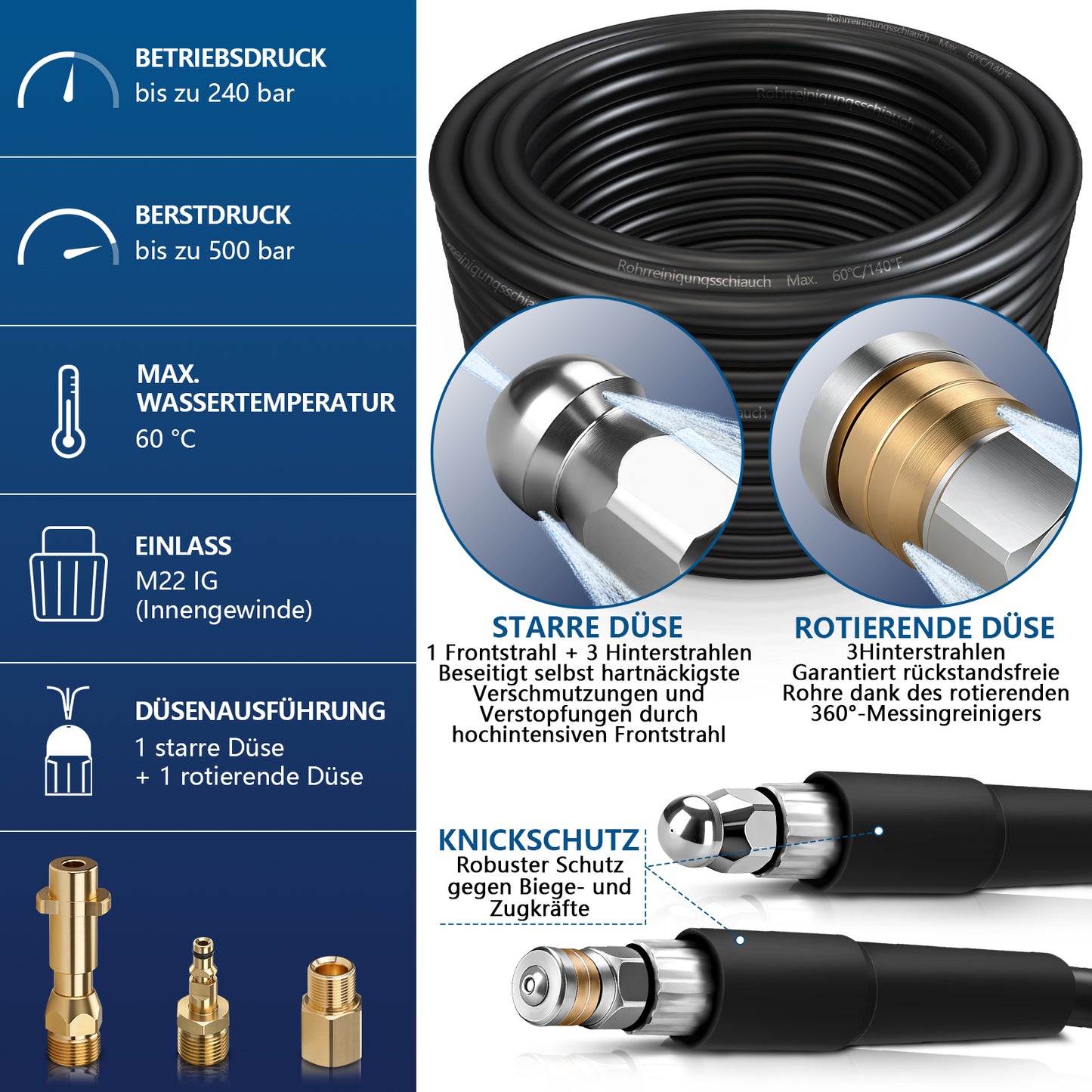 Professioneller Hochdruck-Rohrreinigungsschlauch 4-Schichten-System mit starre & rotierende Düsen, kompatibel mit Kärcher K2-K7, 500 bar