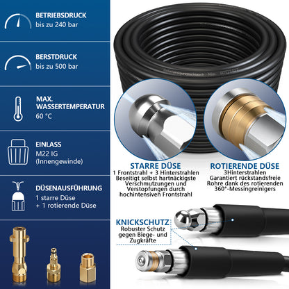 Professioneller Hochdruck-Rohrreinigungsschlauch 4-Schichten-System mit starre & rotierende Düsen, kompatibel mit Kärcher K2-K7, 500 bar
