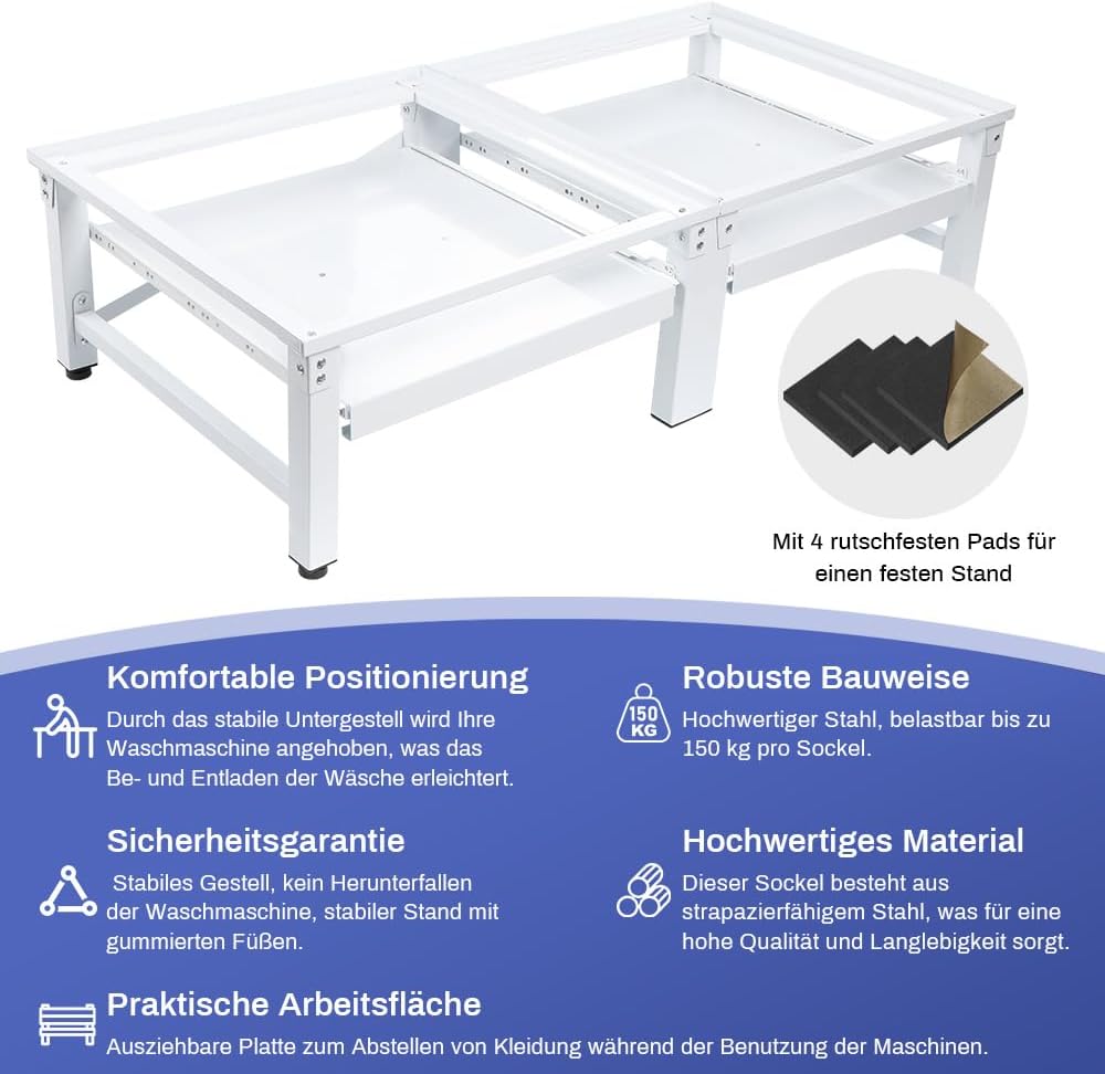 Doppel Untergestell inkl. Ausziehbare Ablage für Waschmaschinen Trockner | 124x58.5cm | Max. 2x150kg