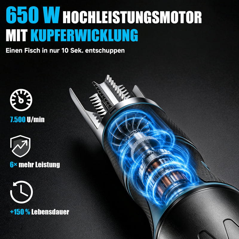 XIIW Elektrischer Fischentschupper 650W 7500 U/min, Fischschupper mit 304 Edelstahl, abwaschbar, 180° Schutzhaube, 2200mAh Akku