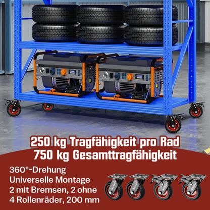 4x Schwerlast Lenkrollen 200mm – Transportrollen mit Bremse, Vollgummi, je 250kg Tragkraft, drehbar für Werkbank & Industrie