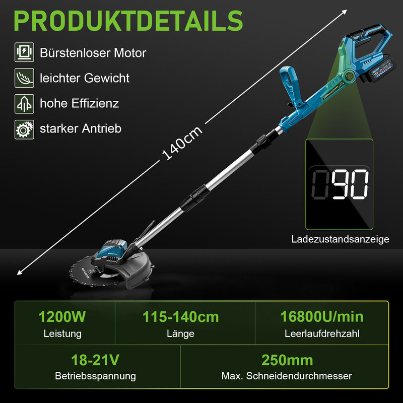 XIIW Akku Freischneider 1200 W, 16800 U/min, 2 x 4,0 Ah Akkus, 3 Unkrautbürsten, Metallmesser und Kreissägeblatt