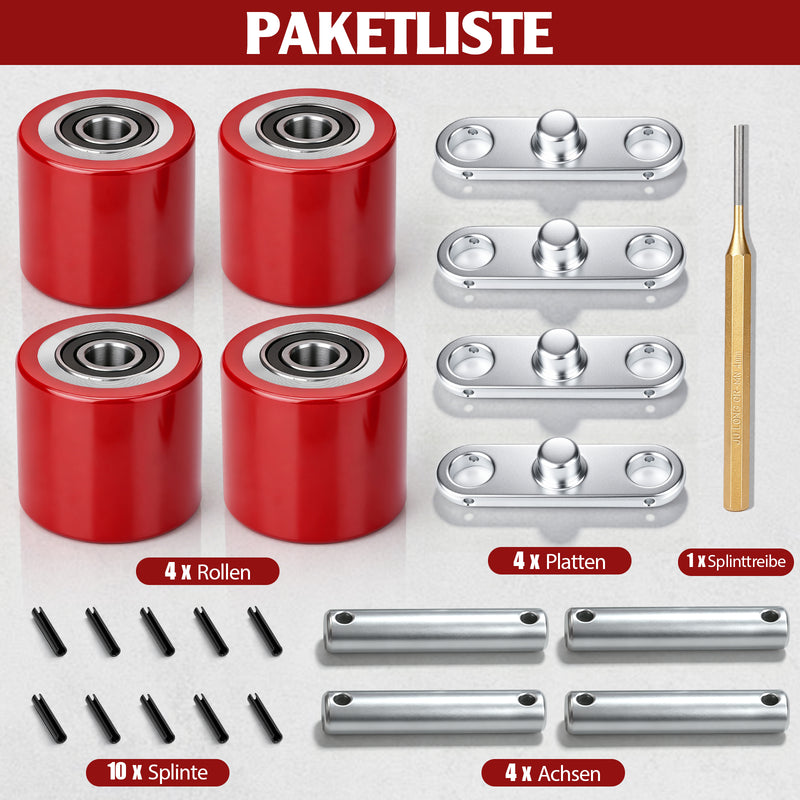 XIIW 4x PU Hubwagenrollen 80x70 mm, Lastrollen mit 6204 Kugellager 20 mm, Ersatzrollen-Set für Handhubwagen bis 3000 kg