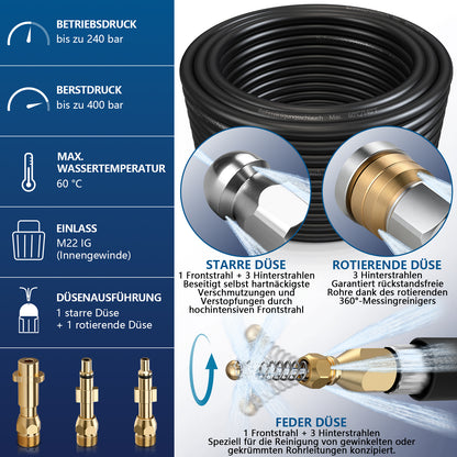 Professioneller Hochdruck-Rohrreinigungsschlauch mit 3 Messingdüsen – kompatibel mit Kärcher, Bosch & Parkside Hochdruckreinigern bis 240 bar