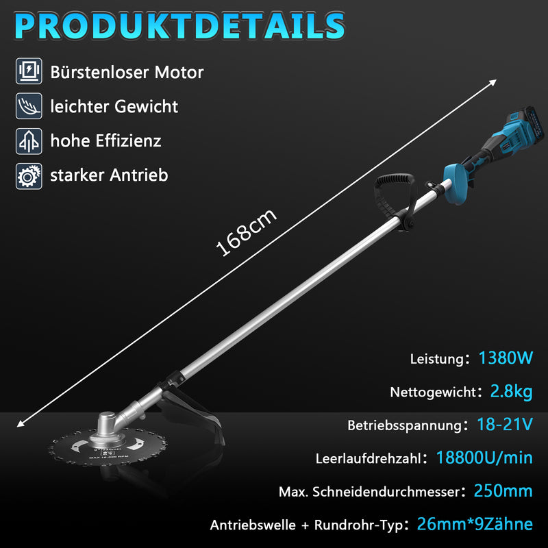 XIIW Akku Freischneider 1380 W, 18800 U/min, 2 × 4,0 Ah Akkus, 3 Unkrautbürsten, Metallmesser und Kreissägeblatt