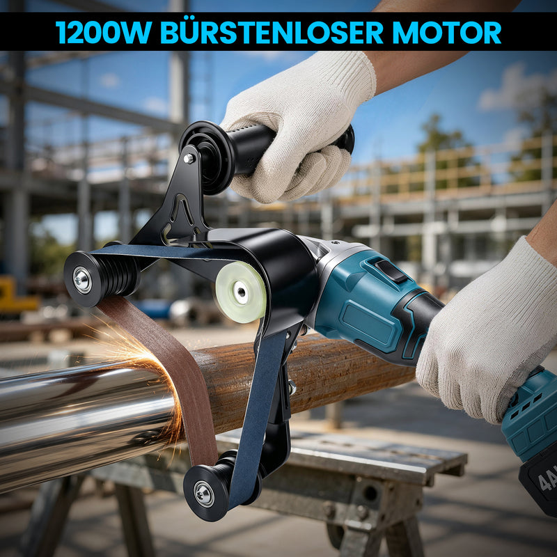 XIIW Akku Rohrbandschleifer 1000 W, 40 x 760 mm, 5500–9000 U/min, 240° Umschlingung, 2 x 4,0 Ah Akkus