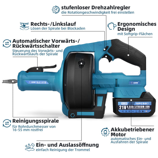 21V Akku-Rohrreiniger Abflussreiniger Geeignet für Rohrdurchmesser 16-55mm mit 2X Batterien