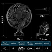 2er Set Grow Umluftventilator 320 CFM – Leiser Clip Ventilator mit EC - Motor, 10 Stufen, Oszillation, IP44