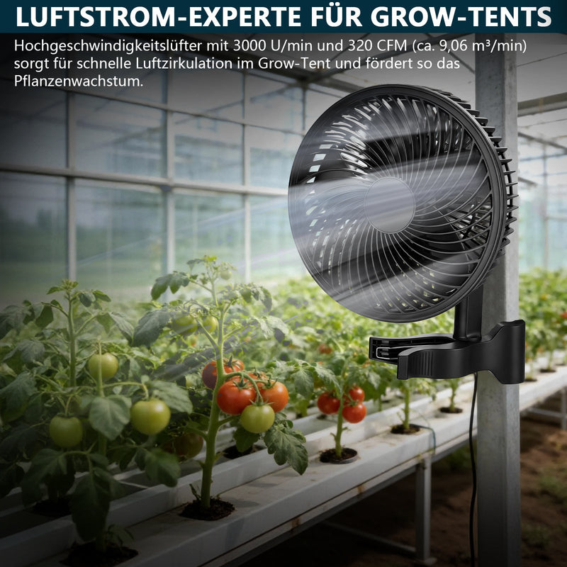 2er Set Grow Umluftventilator 320 CFM – Leiser Clip Ventilator mit EC - Motor, 10 Stufen, Oszillation, IP44