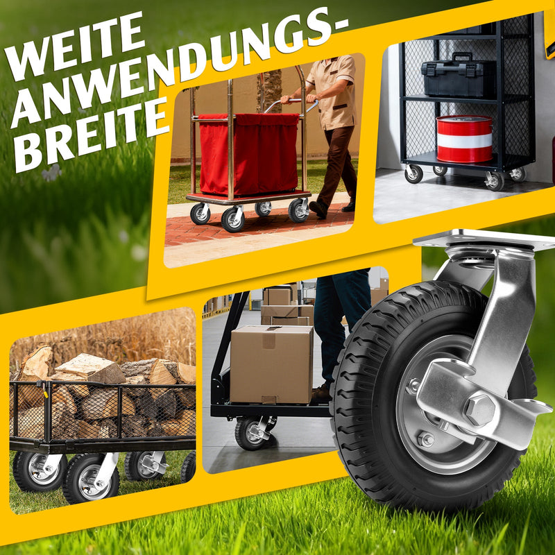 2er Set Pneumatische Lenkrollen 200mm – Geländegängig, Schwerlast, Naturkautschuk & Kugellager ohne Bremse