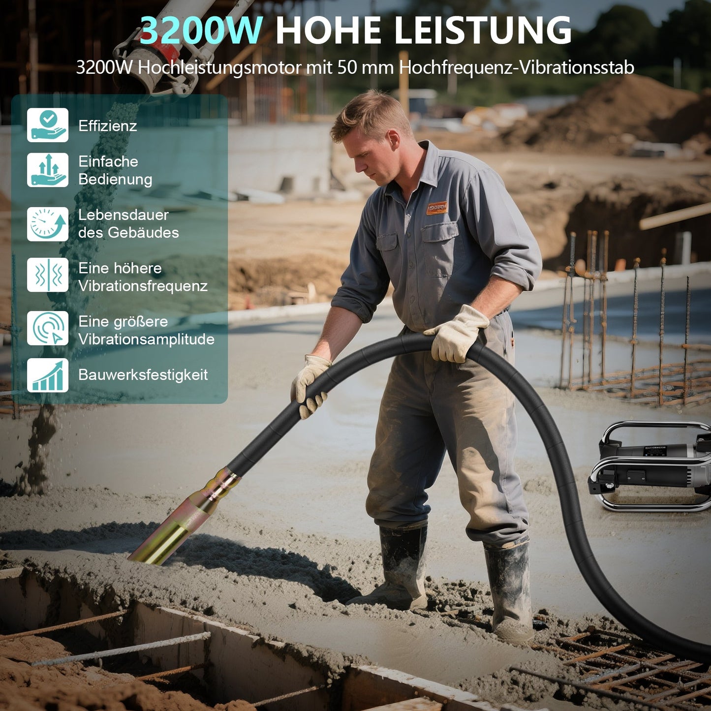 3200W Betonrüttler mit 50mm Vibrierkopf & 6m Weichwelle – Profi Betonverdichter