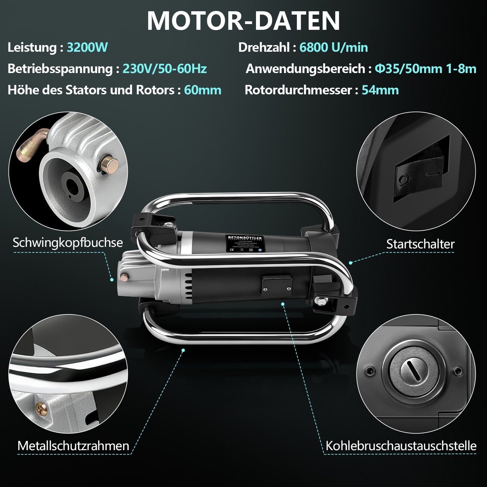 3200W Betonrüttler mit 50mm Vibrierkopf & 6m Weichwelle – Profi Betonverdichter