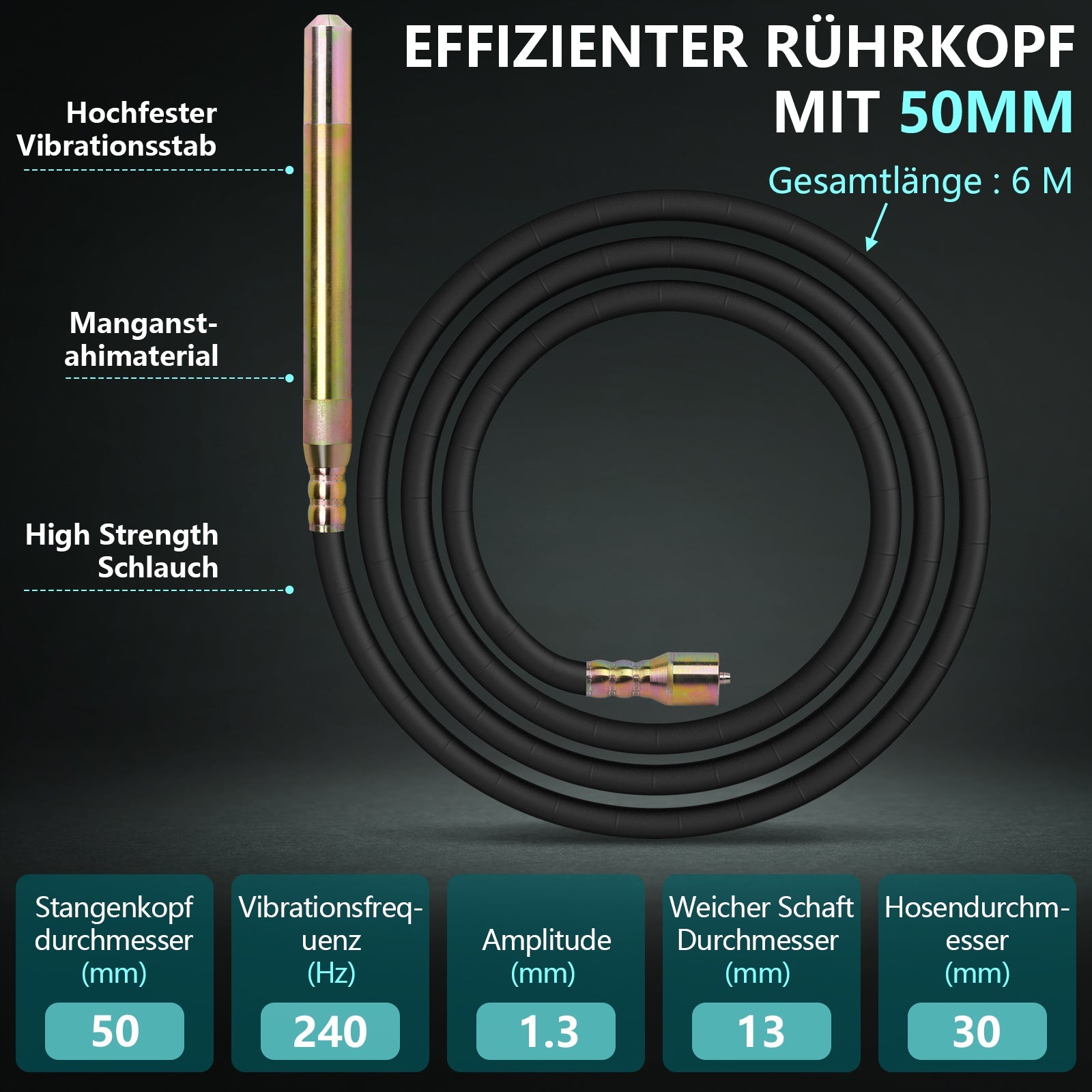 3200W Betonrüttler mit 50mm Vibrierkopf & 6m Weichwelle – Profi Betonverdichter
