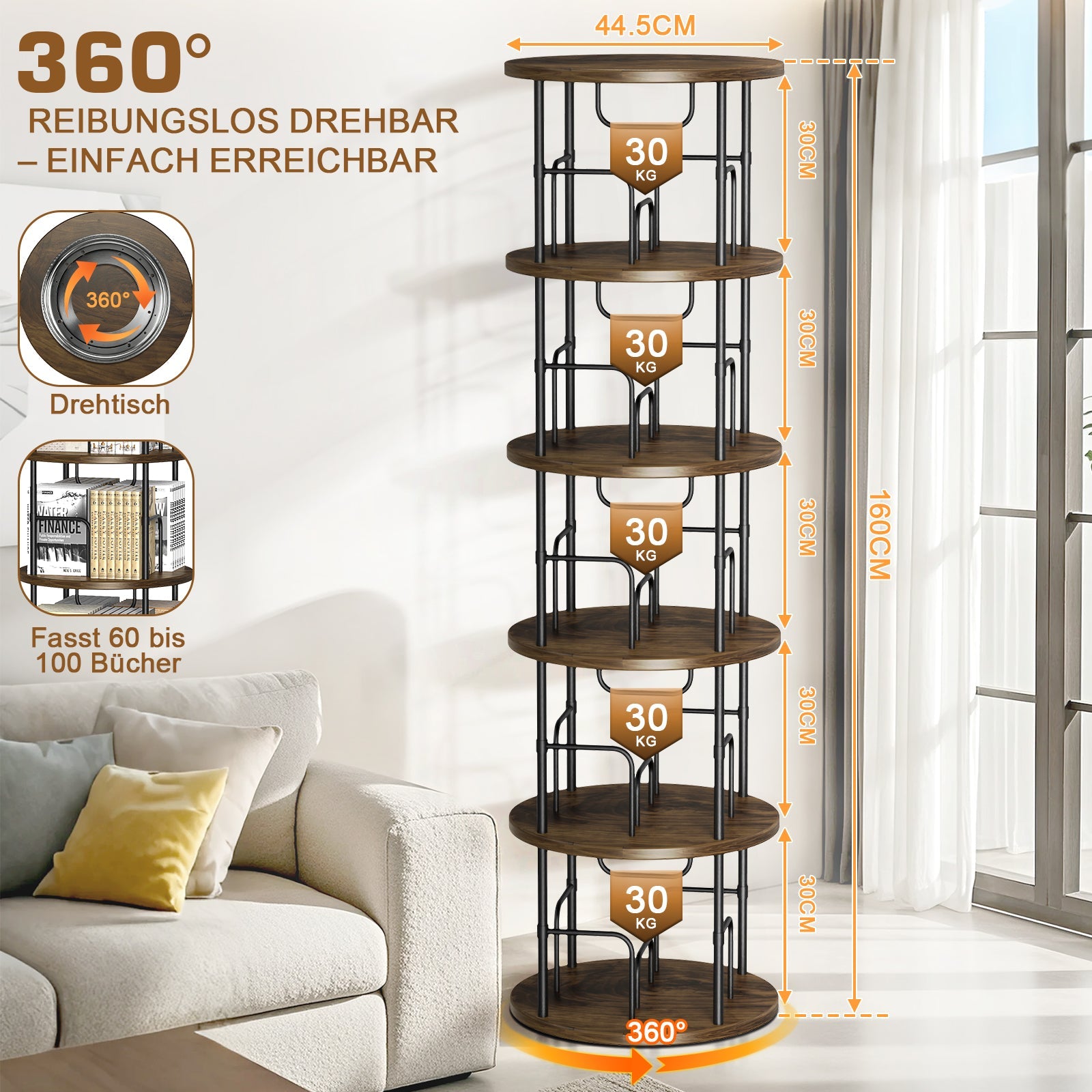 360° Drehbares Bücherregal 5 Etagen – Platzsparend, Stabil & Vielseitig