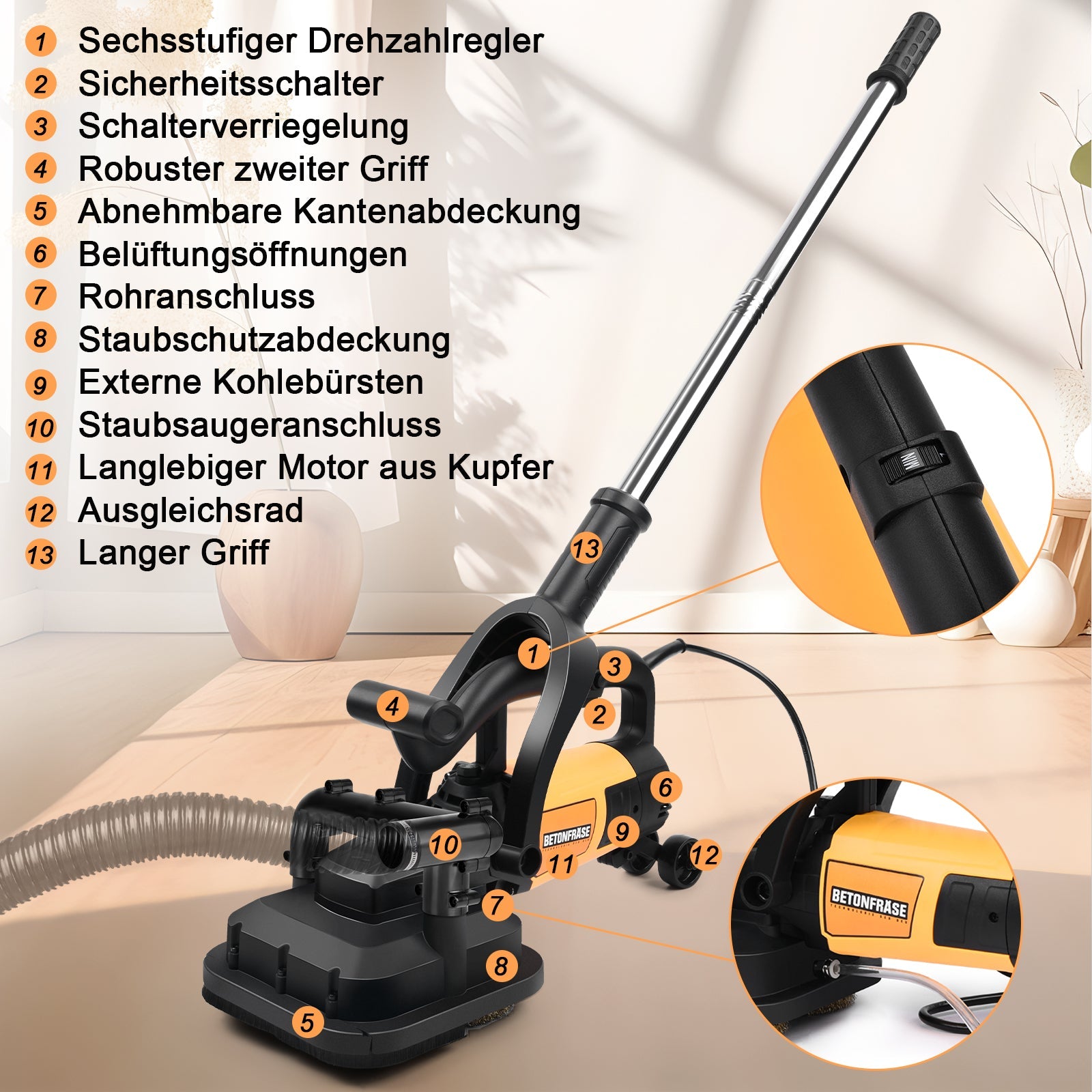 3800W Betonschleifer – Multifunktionale Schleifmaschine mit Staubabsaugung für Beton,Metall – Ergonomisch für Profi & DIY