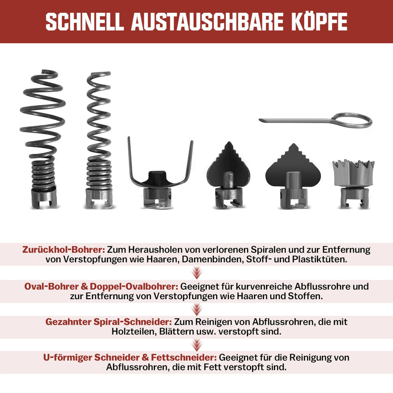390W Rohrreinigungsmaschine mit 12m Ø16mm, 10m Ø8mm Spirale für Ø20 - 100mm Rohrleitungen 450U/M