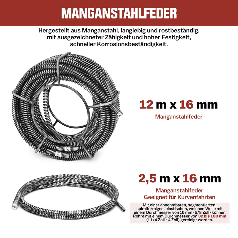 390W Rohrreinigungsmaschine mit 12m Ø16mm, 10m Ø8mm Spirale für Ø20 - 100mm Rohrleitungen 450U/M