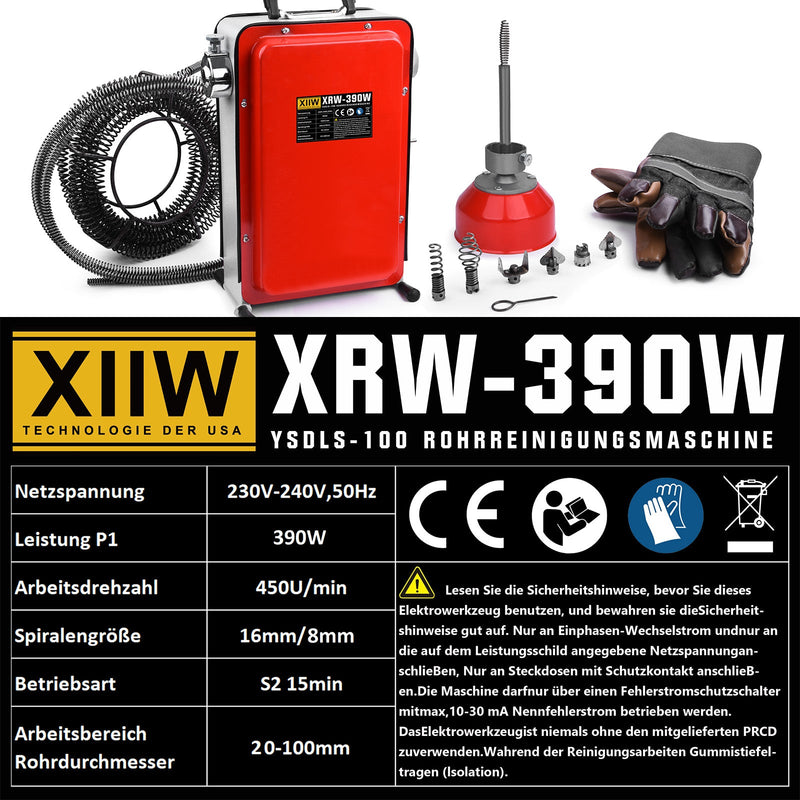 390W Rohrreinigungsmaschine mit 12m Ø16mm, 10m Ø8mm Spirale für Ø20 - 100mm Rohrleitungen 450U/M