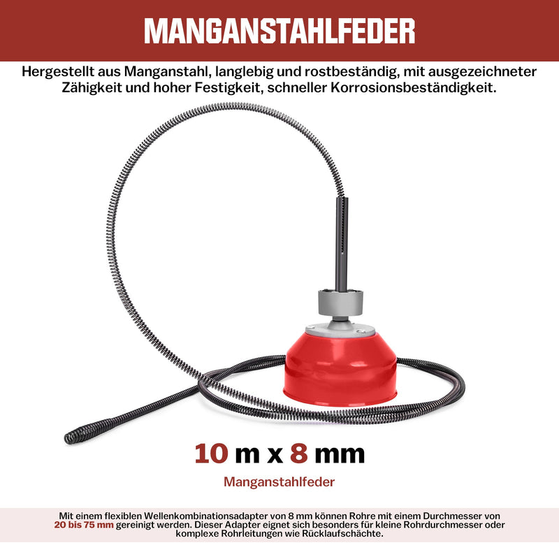 390W Rohrreinigungsmaschine mit 12m Ø16mm, 10m Ø8mm Spirale für Ø20 - 100mm Rohrleitungen 450U/M