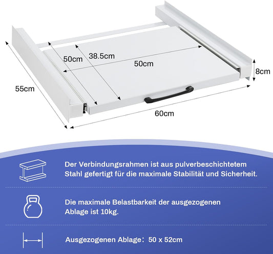 Metall Verbindungsrahmen mit Ausziehplatte Verdickte Zwischenbaurahmen für Waschmaschine inkl. Zurrgurt