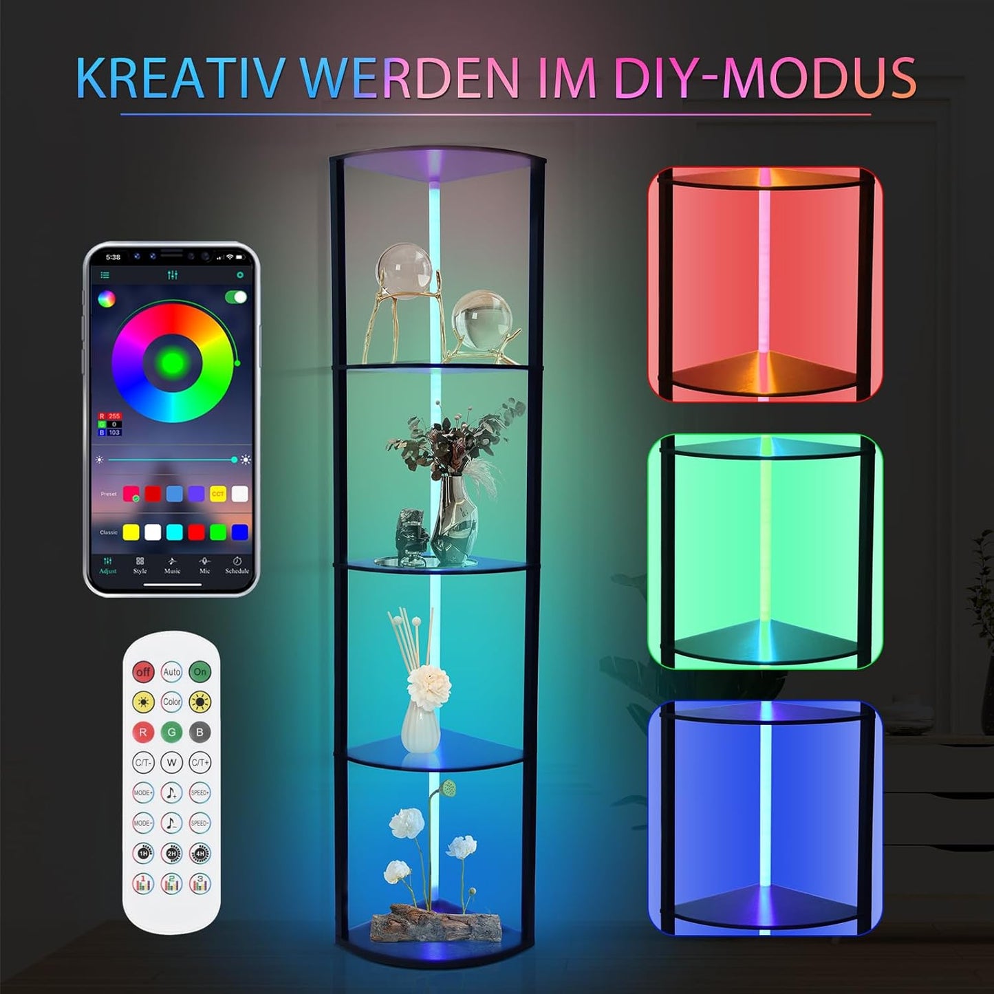 5 Stufige RGB Eckregal Stehend,LED Stehlampe Wohnzimmer 160cm App & Fernbedienung 2700-6500K