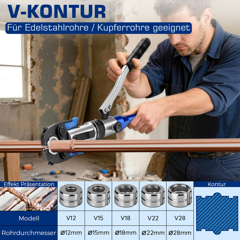 XIIW Hydraulische Rohrpresszange 80 kN, V- & TH-Kontur 12–32 mm, Presszangen-Set mit Rohrschneidern und Entgrater